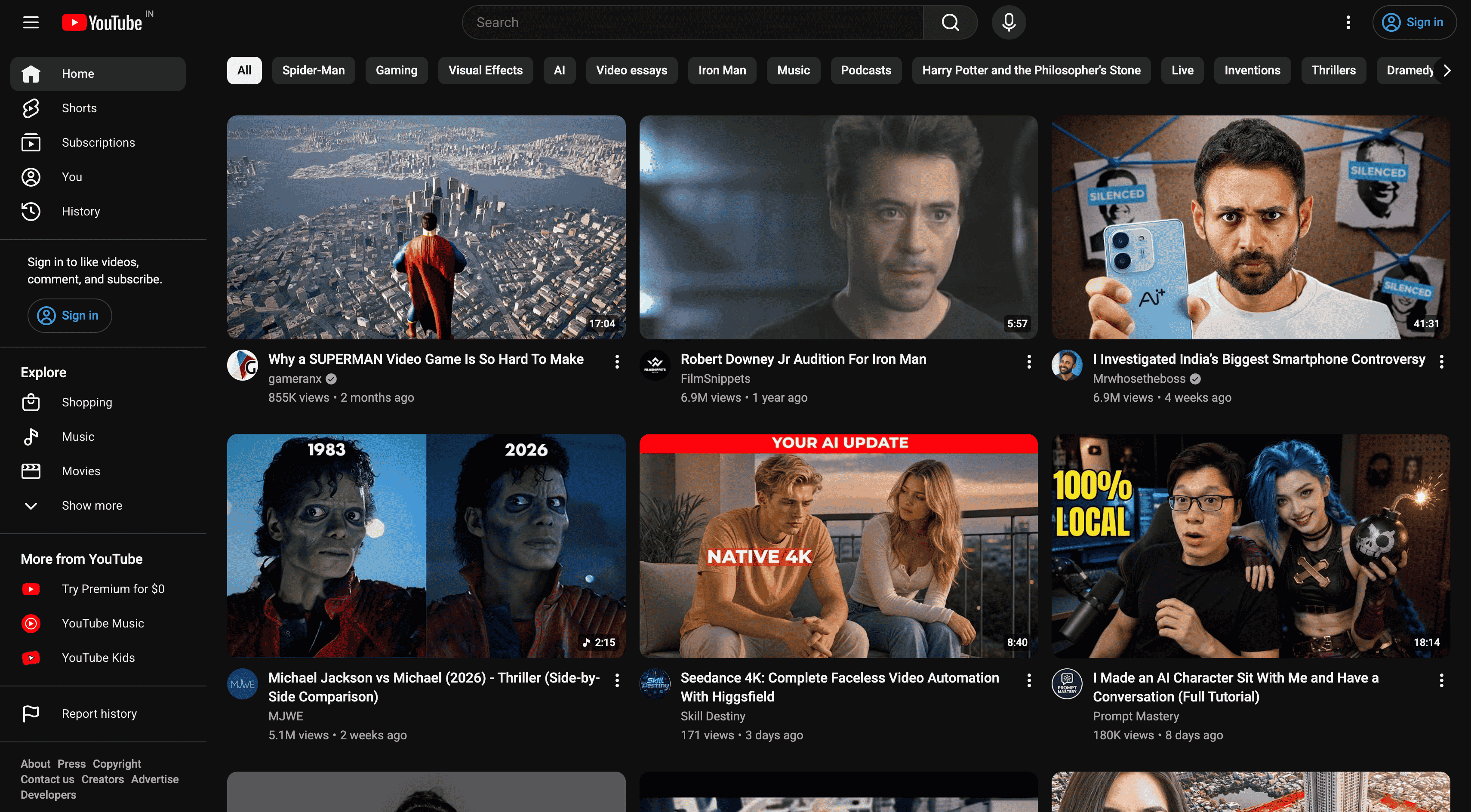 YouTube home screen with Shorts filtered out